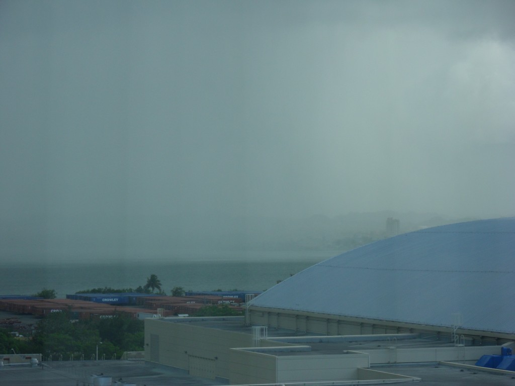 Rain sweeping over the Puerto Rico Convention Center