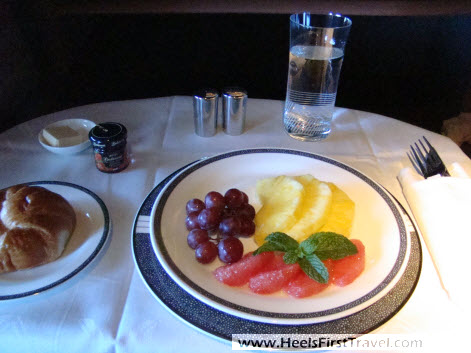 Singapore Airlines First Class breakfast fruit plate IAH-DME